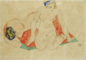 Reclining And Seated Female Nudes On A Red And Green Cloth