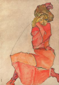 Kneeling Girl in Orange-Red Dress