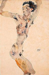 Male nude with raised arms - self-portrait