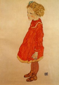 Little Girl With Blond Hair In A Red Dress